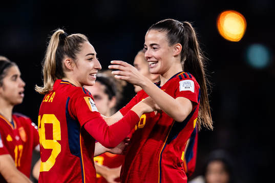Olga Carmona and Maria Perez of Spain celebrate