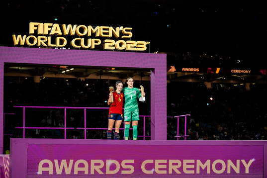Aitana Bonmati and goalkeeper Misa Rodriguez of Spain with