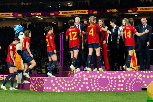 Jennifer Hermoso of Spain (far left), FIFA president Gianni