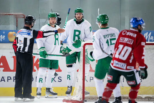 Dennis Everberg of Rögle celebrates with teammates