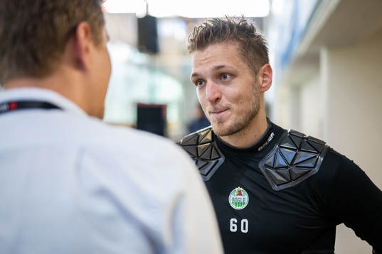 goalkeeper Petr Kvaca of Rögle speaks to media