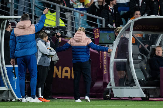 Head coach Sarina Wiegman of England reacts to referee Tori