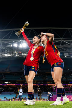 Esther Gonzalez and Athenea del Castillo of Spain celebrate