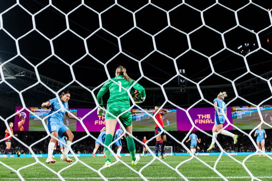 Goalkeeper Mary Earps of England saves a penalty from