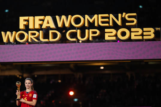 Aitana Bonmati of Spain poses with the Golden Ball Award at