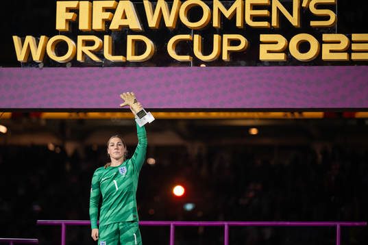 Goalkeeper Mary Earps of England poses with the Golden