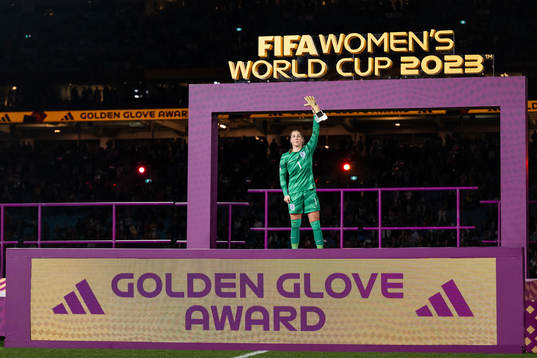 Goalkeeper Mary Earps of England poses with the Golden