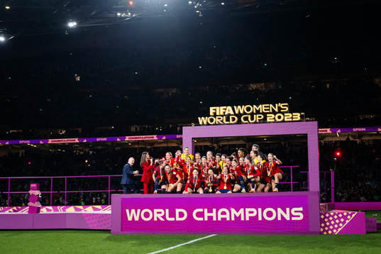 Players of Spain celebrate with the trophy at the medal