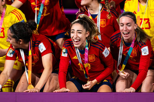 Olga Carmona and Eva Navarro of Spain celebrate at the