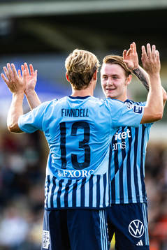 Djurgårdens Hampus Finndell och Noel Milleskog jublar