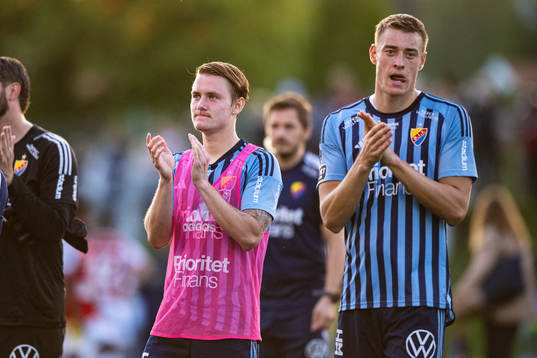 Djurgårdens Noel Milleskog och Jesper Löfgren  jublar