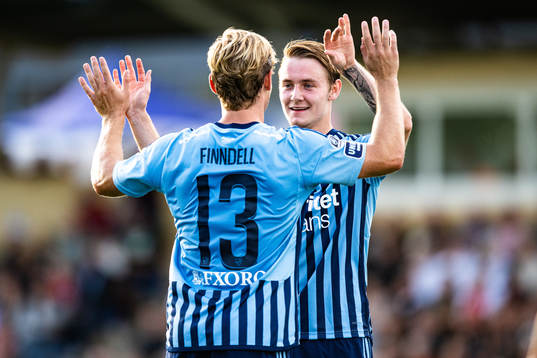 Djurgårdens Hampus Finndell och Noel Milleskog jublar