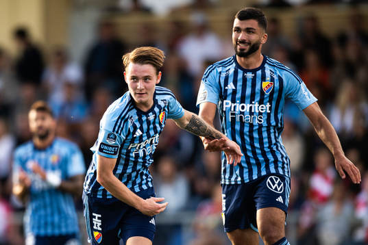 Djurgårdens Noel Milleskog och Musa Qurbanli jublar