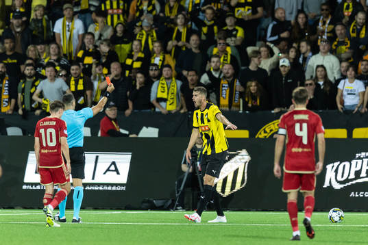 Johan Hammar of Häcken is shown a red card by Referee