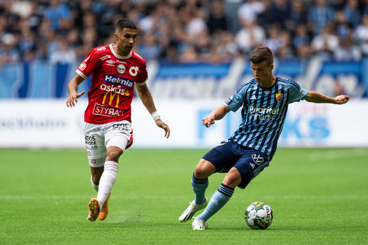 Degerfors Elyas Bouzaiene och Djurgårdens Samuel Dahl
