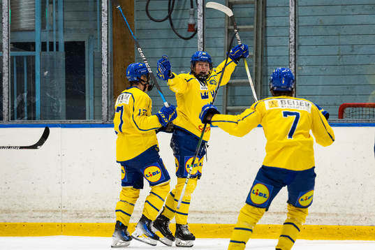 Sveriges Anton Gästrin jublar med Torkel Jennersjö och