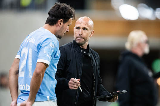Malmö FFs Stefano Vecchia och tränare Henrik Rydström