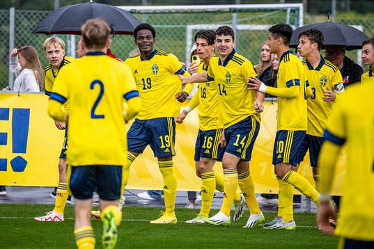 Sveriges Dennis Asprilla Ponce jublar med lagkamrater