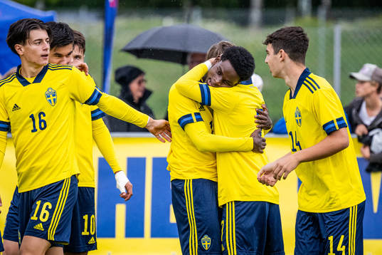 Sveriges Dennis Asprilla Ponce jublar med lagkamrater
