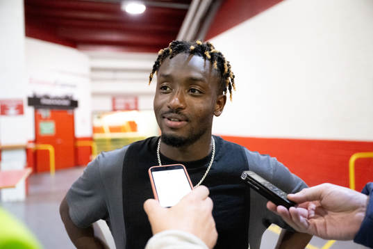 Ibrahim Sadiq of Häcken talks to media
