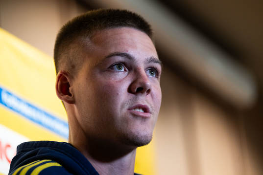 Emil Holm of the Swedish national football team at a press