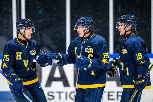 HV71s Radan Lenc, Andre Petersson och Kalle Maalahti jublar