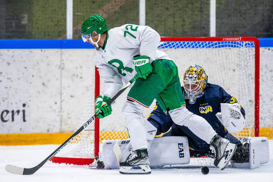 Rögles Daniel Zaar och HV71s målvakt Victor Brattström