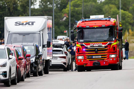 A fire truck outside the arena