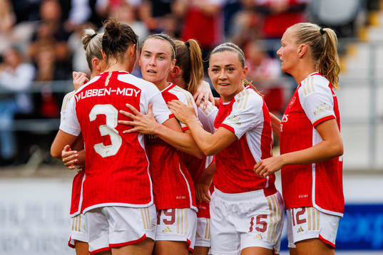 Arsenals Caitlin Foord is celebrated by her teammates