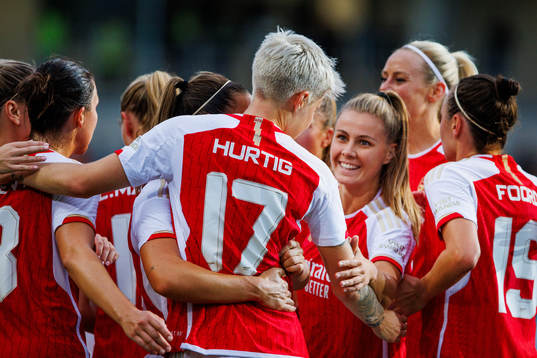 Arsenals Lina Hurtig is celebrated by her teammates