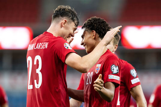 Antonio Nusa of Norway celebrates with Antonio Nusa