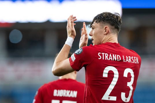 Jørgen Strand Larsen of Norway celebrates