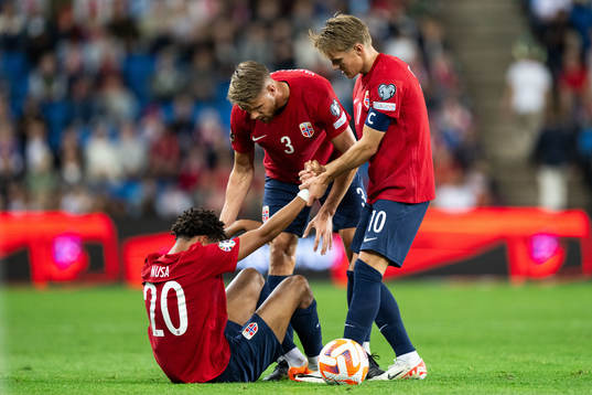 Antonio Nusa, Kristoffer Ajer and Martin Ødegaard of Norway