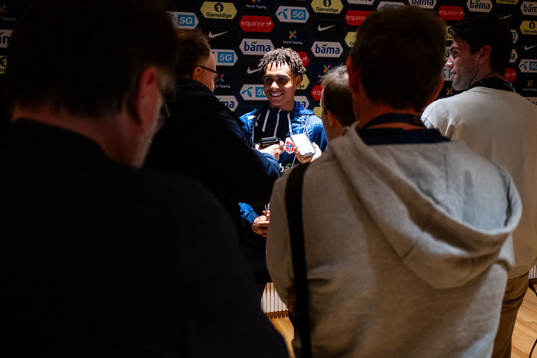 Antonio Nusa of Norway in mixed zone