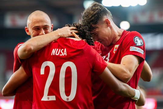 Antonio Nusa of Norway celebrates with teammates Fredrik