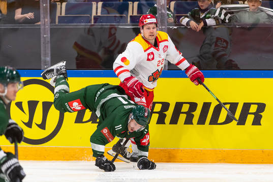 Joakim Nygård of Färjestad and Ville Pokka of EHC
