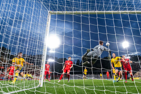 goalkeeper Marko Alchevski of North Macedonia with a save