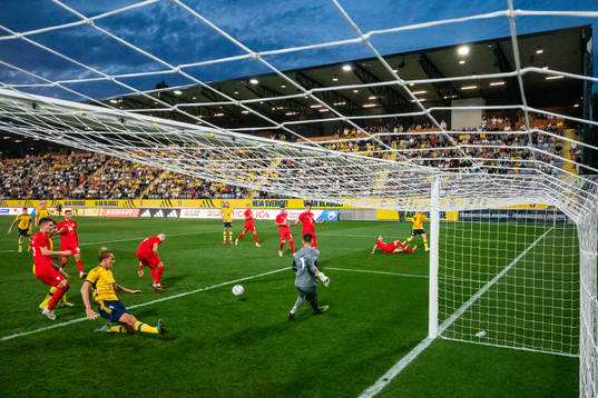 Oscar Vilhelmsson of Sweden and goalkeeper Marko Alchevski