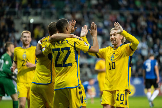 Viktor Claesson, Robin Quaison and Emil Forsberg of Sweden
