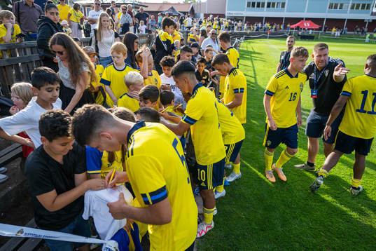 Players of Sweden writing autographs
