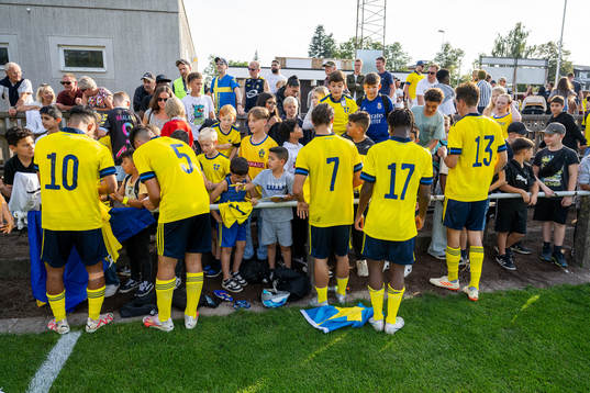 Players of Sweden writing autographs