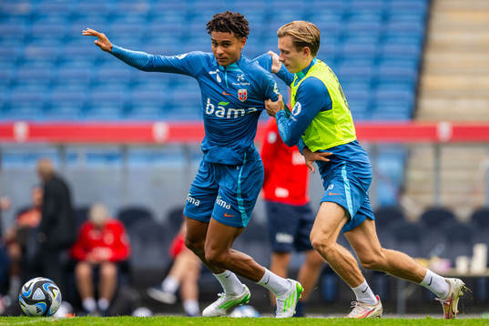 Antonio Nusa and Marcus Holmgren Pedersen of the Norwegian