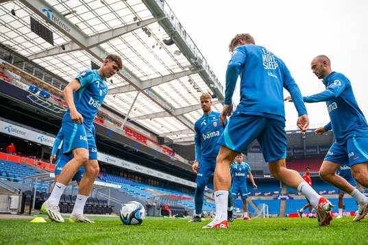 Jørgen Strand Larsen and Kristoffer Ajer of the Norwegian