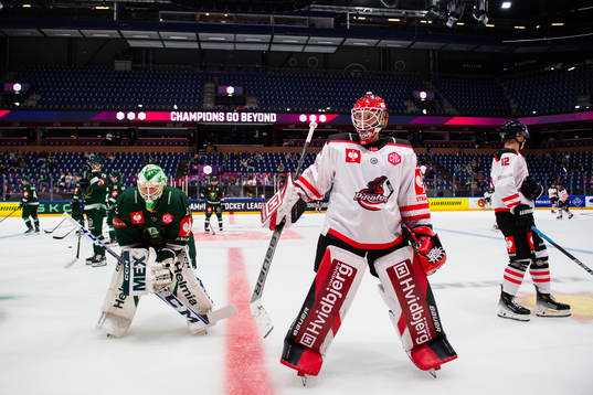 Goalkeeper Max Lagace of Färjestad and goaltender Albert