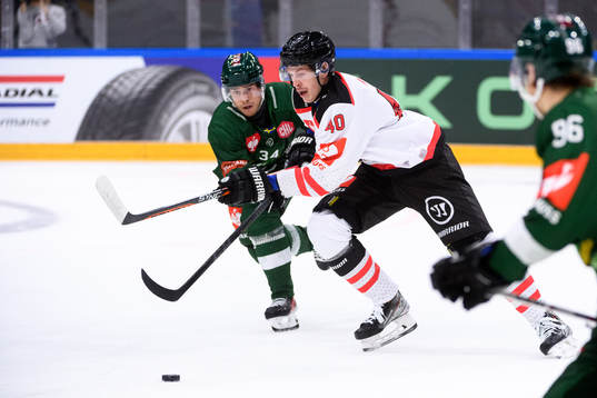 Michael Lindqvist of Färjestad and Anders Koch of Aalborg