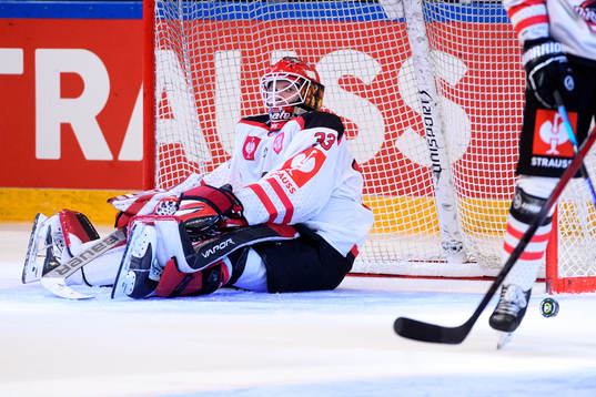 Goaltender Albert Adamsen of Aalborg Pirates looks dejected