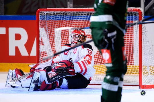 Goaltender Albert Adamsen of Aalborg Pirates looks dejected