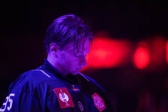 Goalkeeper Carl Lindbom of Färjestad ahead the CHL game