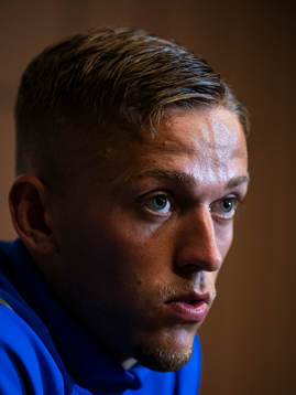 of the Swedish national football team at a Mixed Zone