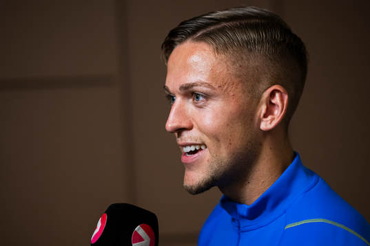 of the Swedish national football team at a Mixed Zone